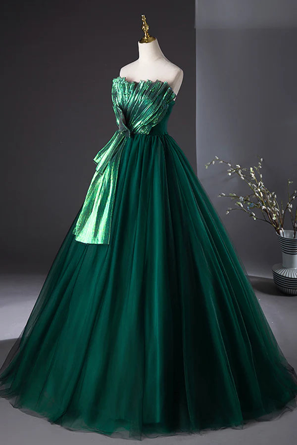Wholesale Dark Green Strapless Tulle Long Prom Dress Beautiful A-Line Formal Evening Dress